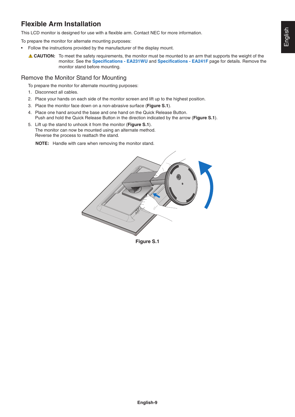 Flexible arm installation, English, Remove the monitor stand for mounting | NEC MultiSync EA241F 23.8" 16:9 IPS Monitor (No Stand) User Manual | Page 11 / 31