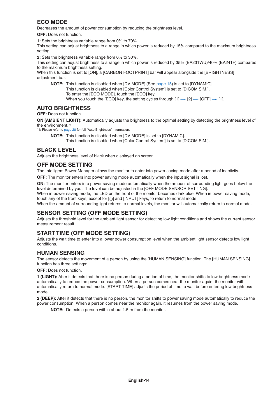 Eco mode, Auto brightness, Black level | Off mode setting, Sensor setting (off mode setting), Start time (off mode setting), Human sensing | NEC MultiSync EA241F 23.8" 16:9 IPS Monitor (No Stand) User Manual | Page 16 / 31