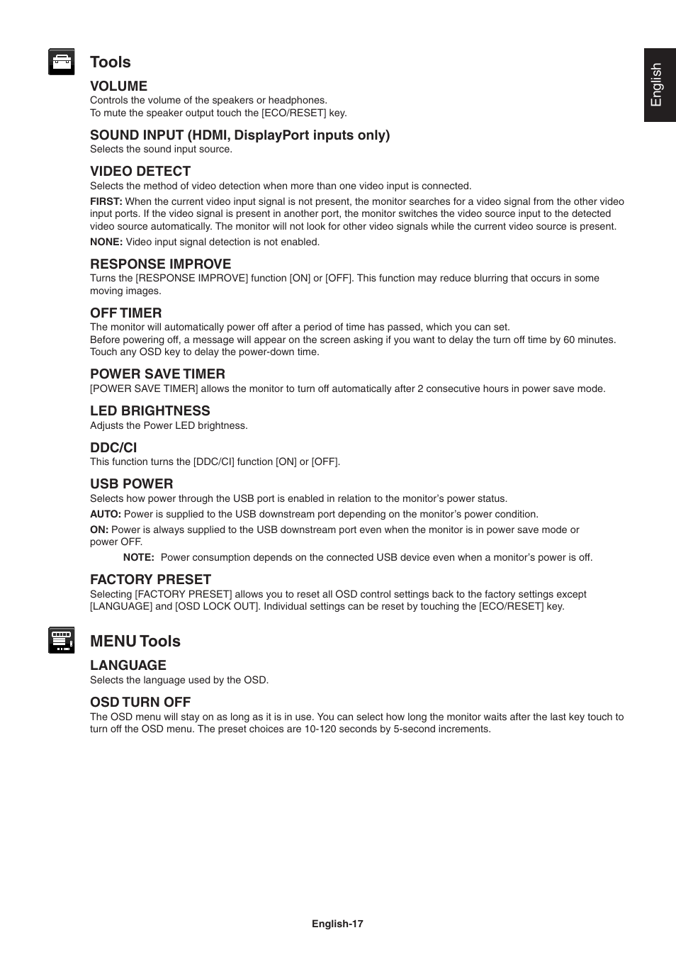 Tools, Menu tools | NEC MultiSync EA241F 23.8" 16:9 IPS Monitor (No Stand) User Manual | Page 19 / 31