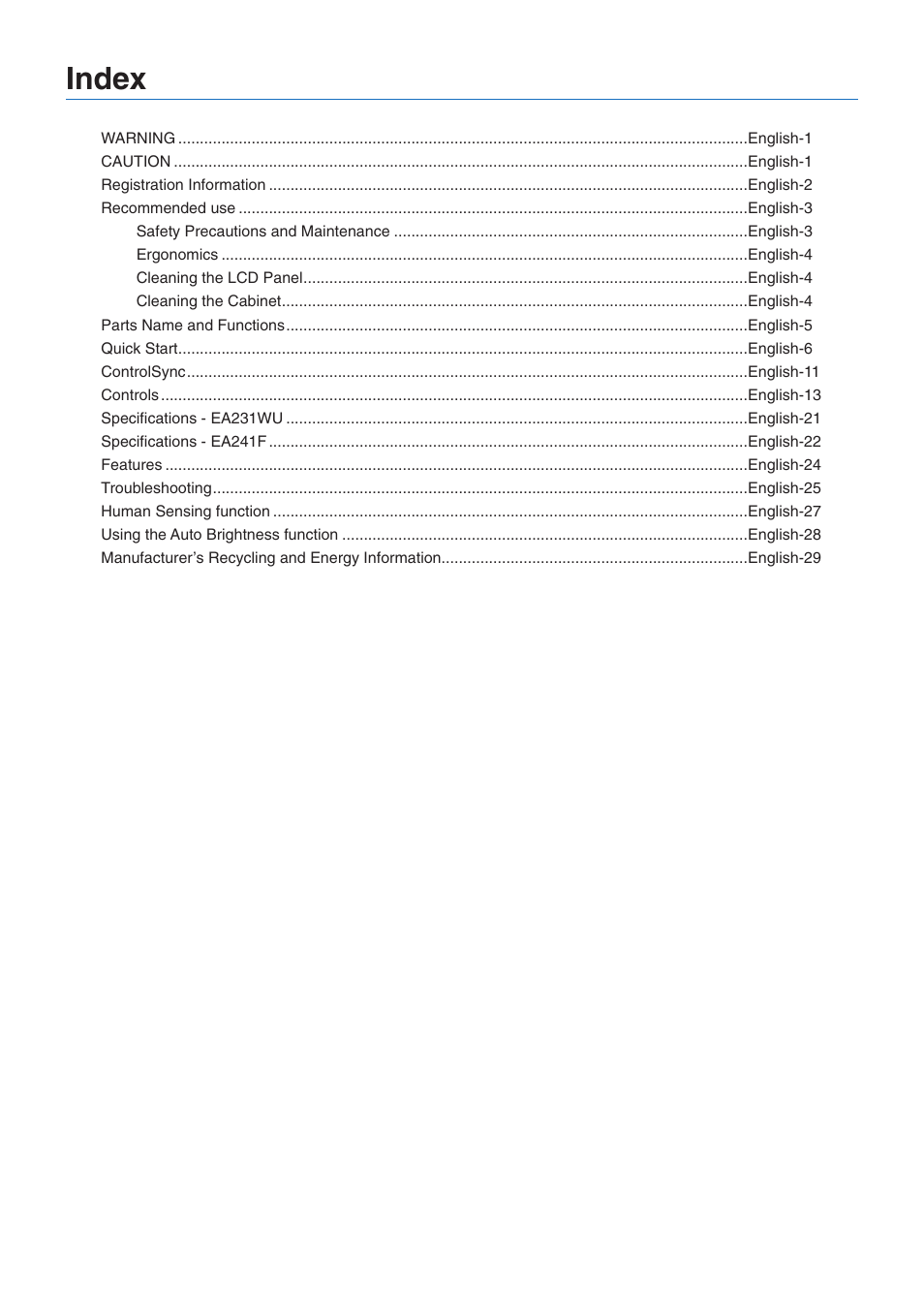 Index | NEC MultiSync EA241F 23.8" 16:9 IPS Monitor (No Stand) User Manual | Page 2 / 31