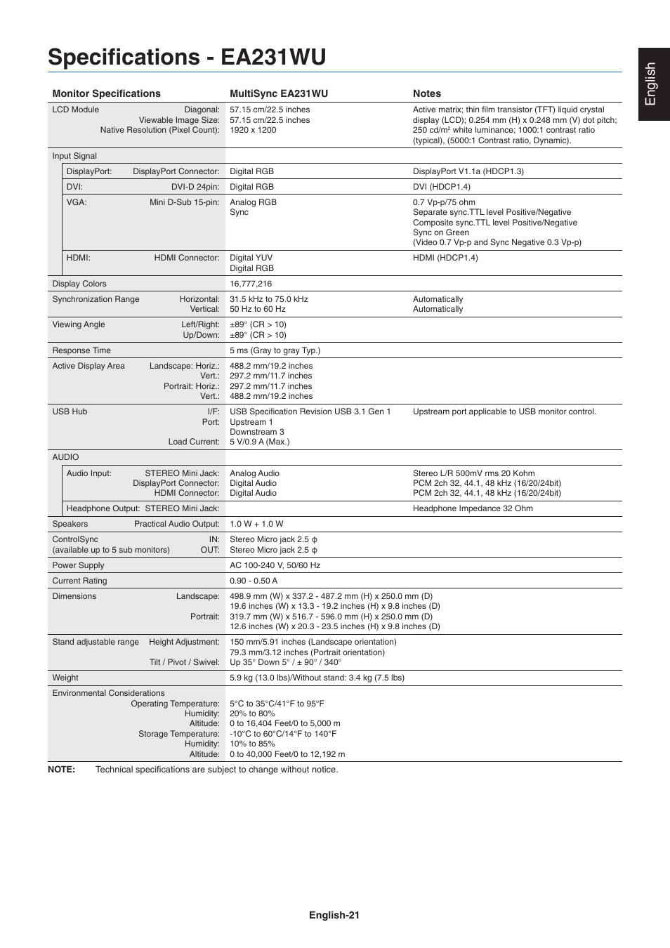 Specifications - ea231wu, English | NEC MultiSync EA241F 23.8" 16:9 IPS Monitor (No Stand) User Manual | Page 23 / 31