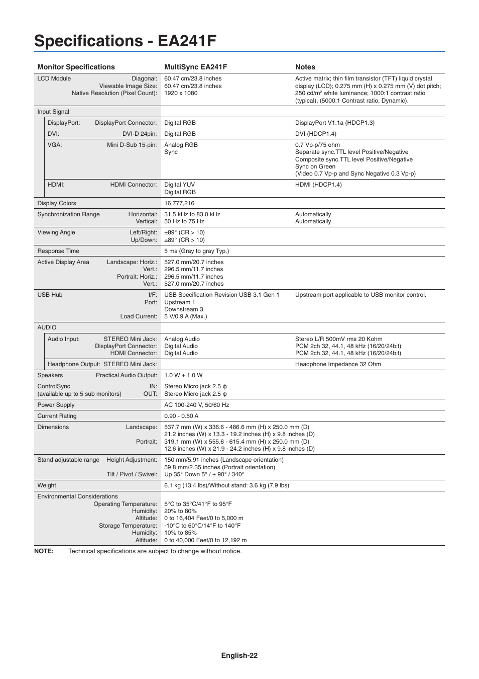 Specifications - ea241f | NEC MultiSync EA241F 23.8" 16:9 IPS Monitor (No Stand) User Manual | Page 24 / 31