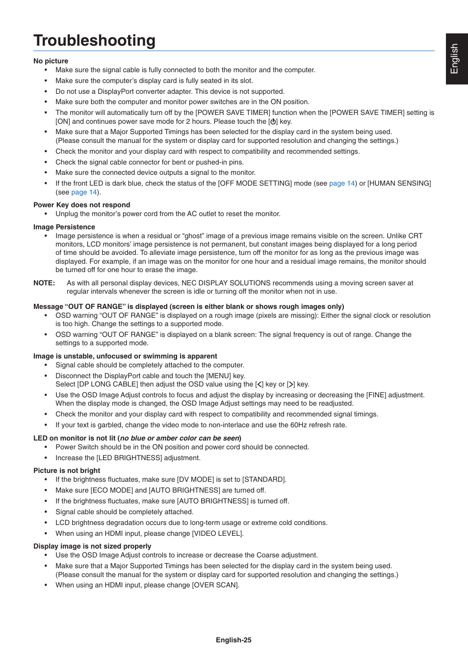 Troubleshooting, If you have any problems, please refer to the, English | NEC MultiSync EA241F 23.8" 16:9 IPS Monitor (No Stand) User Manual | Page 27 / 31