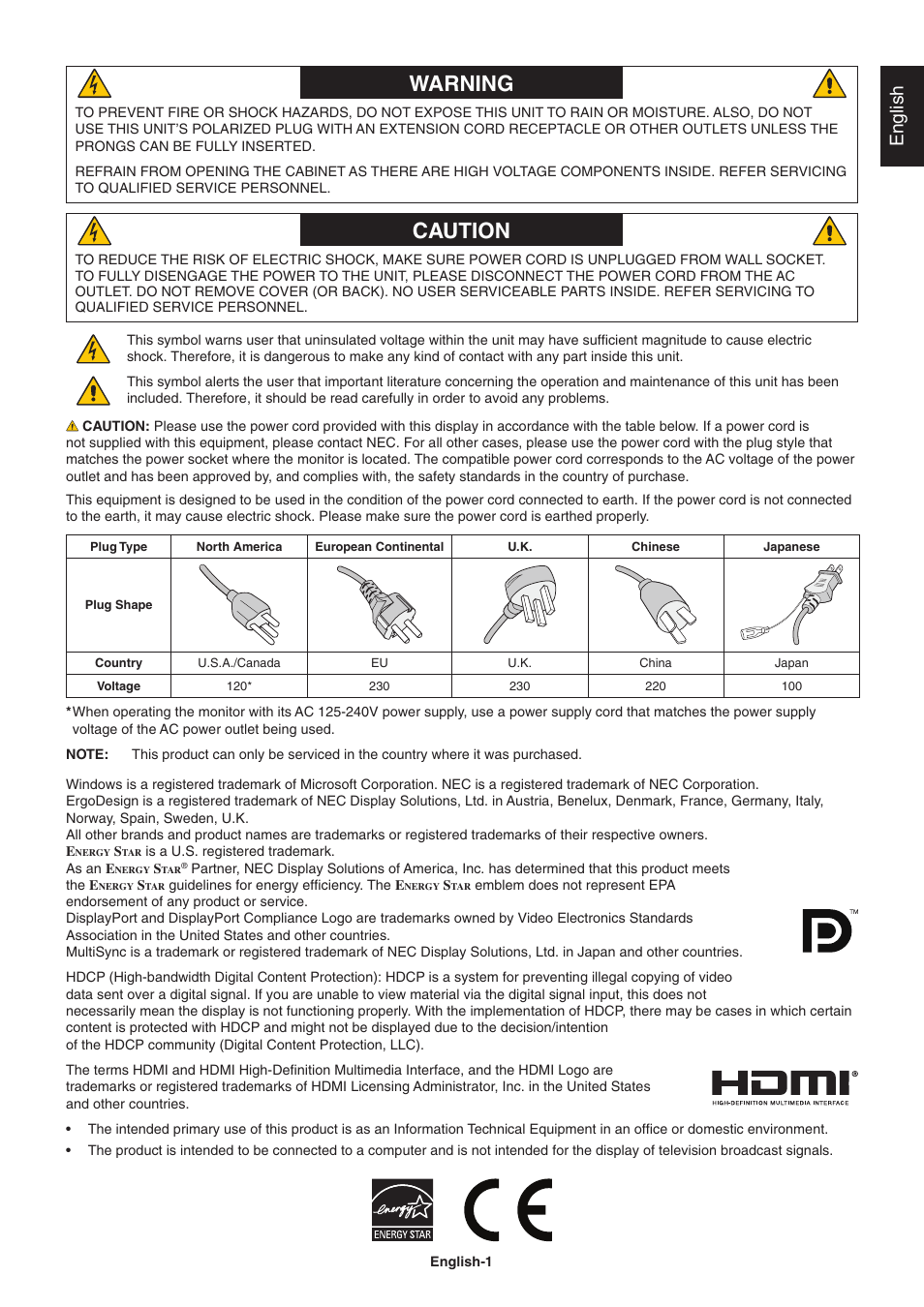 Caution, Warning, English | NEC MultiSync EA241F 23.8" 16:9 IPS Monitor (No Stand) User Manual | Page 3 / 31