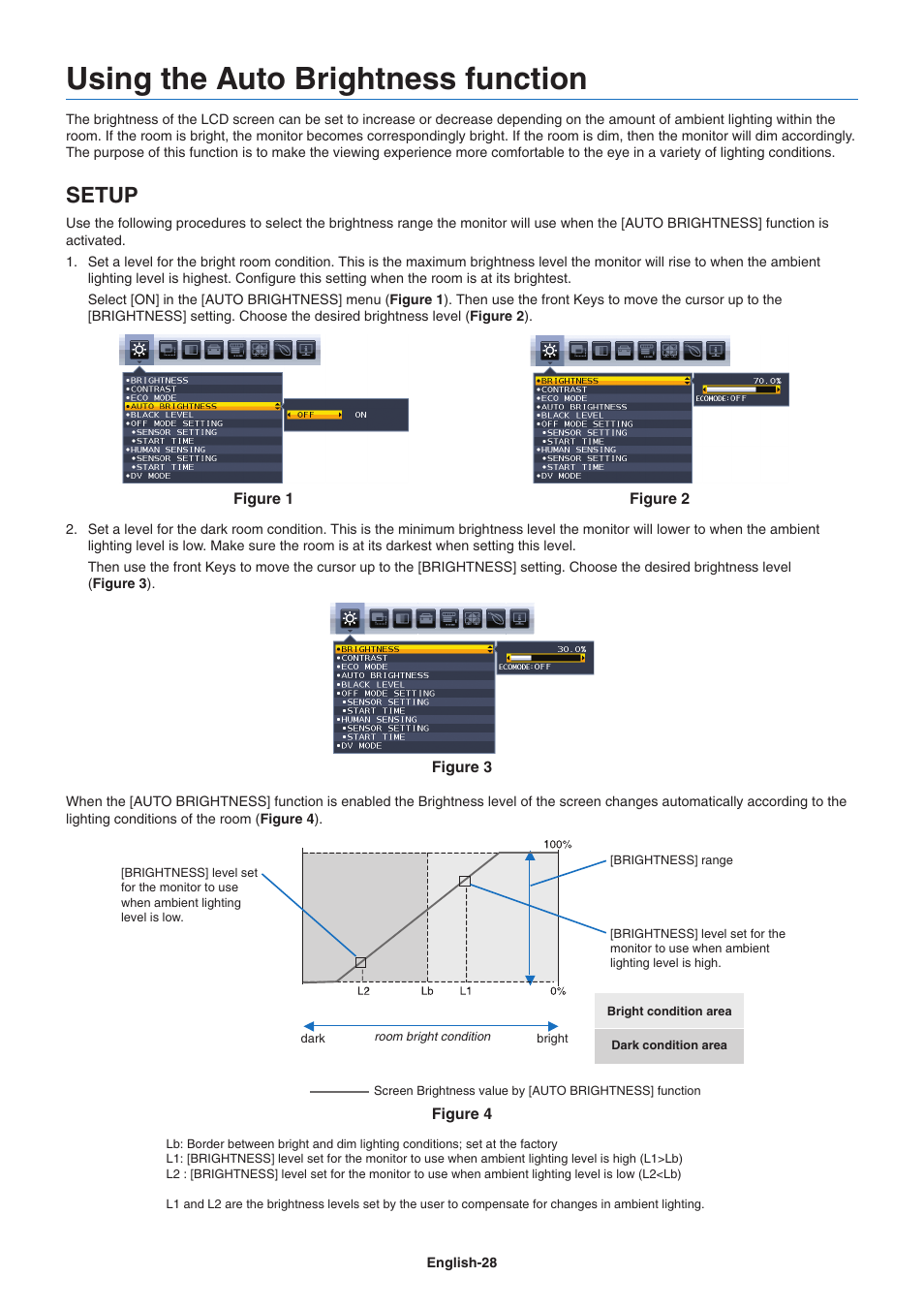 Using the auto brightness function, Please refer to, For full “auto brightness” information | Setup | NEC MultiSync EA241F 23.8" 16:9 IPS Monitor (No Stand) User Manual | Page 30 / 31