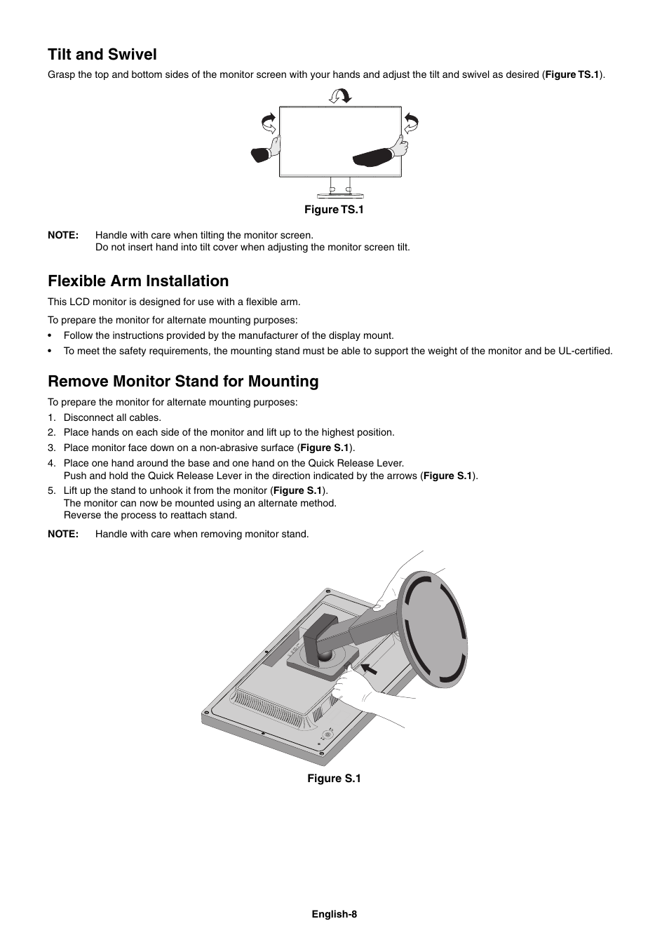 Tilt and swivel, Flexible arm installation, Remove monitor stand for mounting | NEC EX241UN-H-BK 23.8" 16:9 IPS Monitor (Wall Mount) User Manual | Page 10 / 34