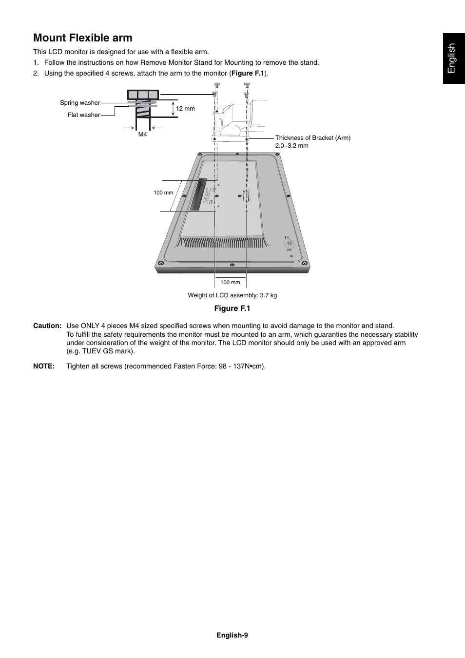 Mount flexible arm, English | NEC EX241UN-H-BK 23.8" 16:9 IPS Monitor (Wall Mount) User Manual | Page 11 / 34