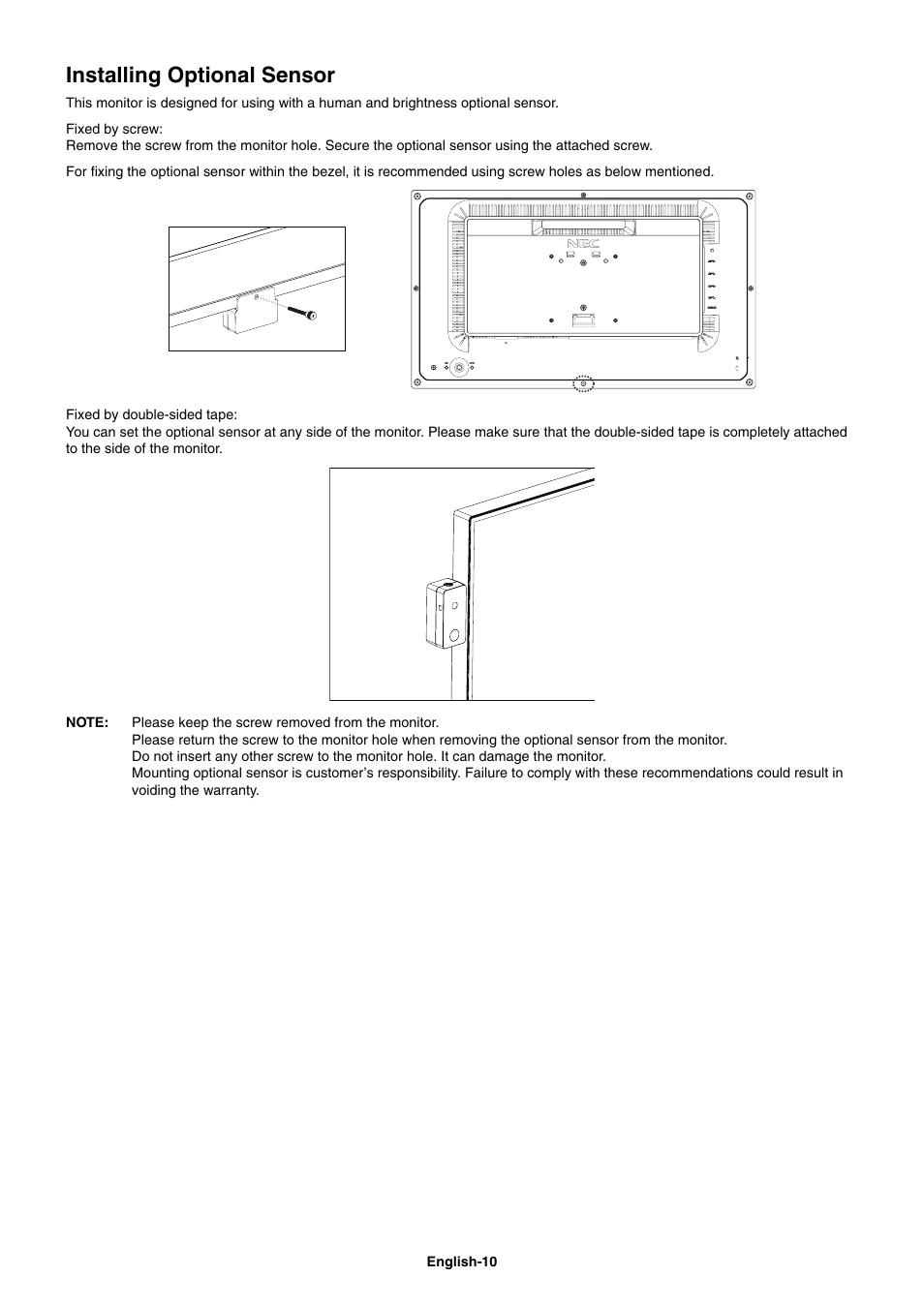 Installing optional sensor | NEC EX241UN-H-BK 23.8" 16:9 IPS Monitor (Wall Mount) User Manual | Page 12 / 34