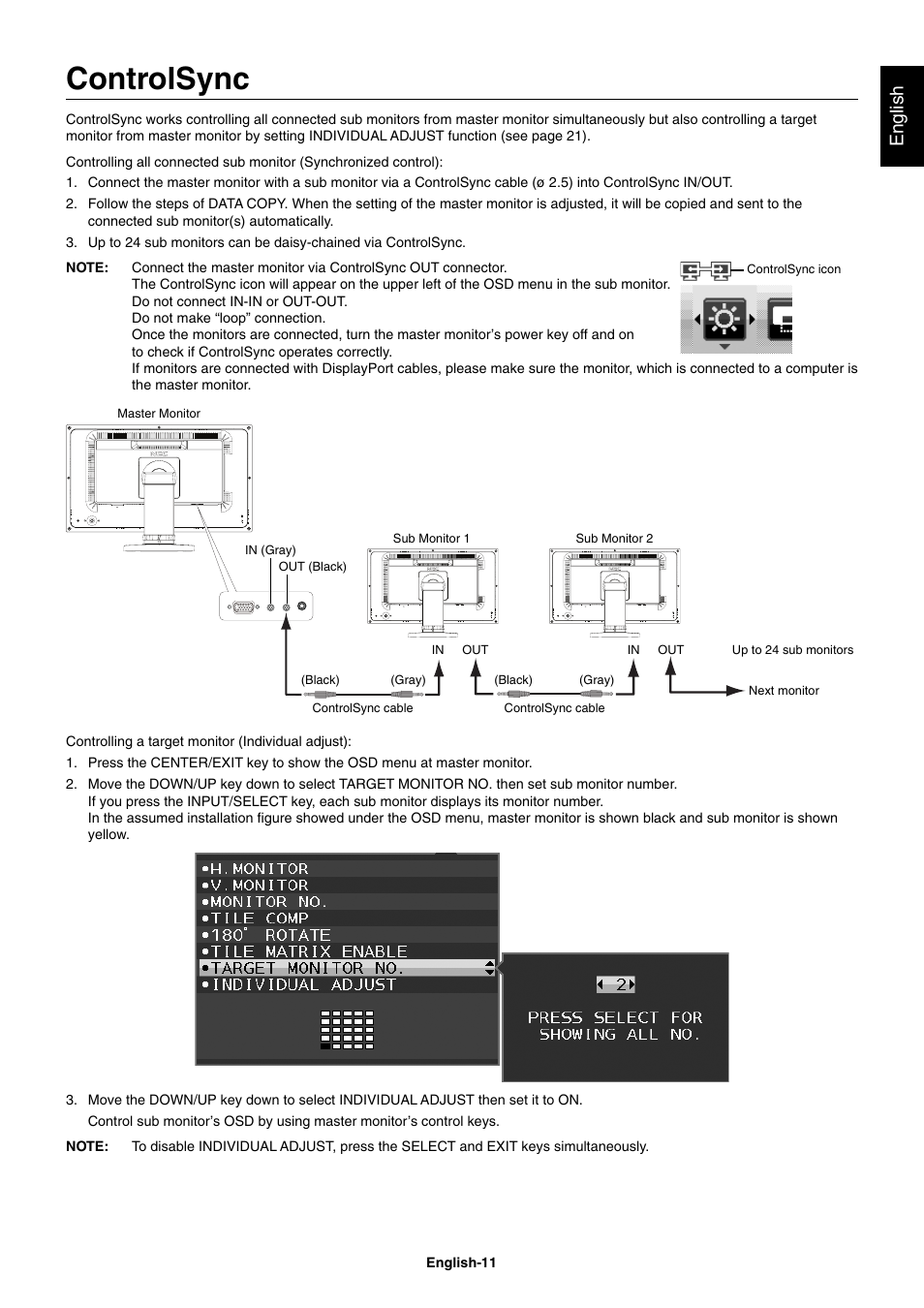 Controlsync, English | NEC EX241UN-H-BK 23.8" 16:9 IPS Monitor (Wall Mount) User Manual | Page 13 / 34
