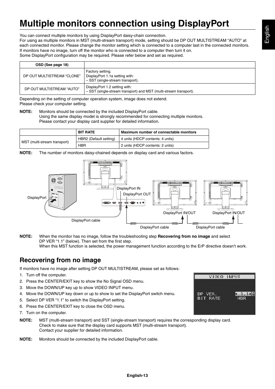 Multiple monitors connection using displayport, Recovering from no image, English | NEC EX241UN-H-BK 23.8" 16:9 IPS Monitor (Wall Mount) User Manual | Page 15 / 34