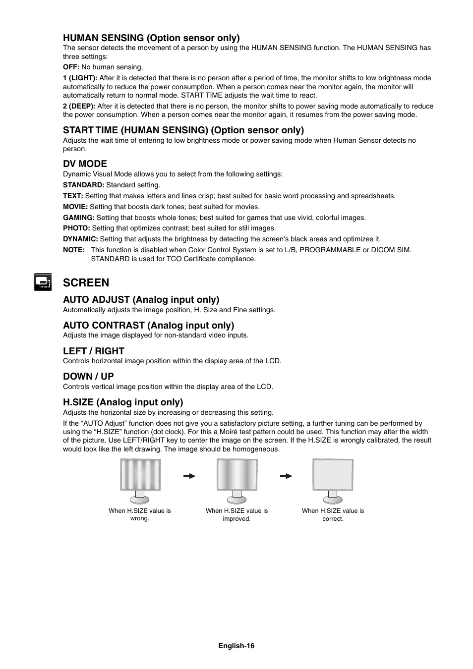 Screen, Human sensing (option sensor only), Start time (human sensing) (option sensor only) | Dv mode, Auto adjust (analog input only), Auto contrast (analog input only), Left / right, Down / up, H.size (analog input only) | NEC EX241UN-H-BK 23.8" 16:9 IPS Monitor (Wall Mount) User Manual | Page 18 / 34