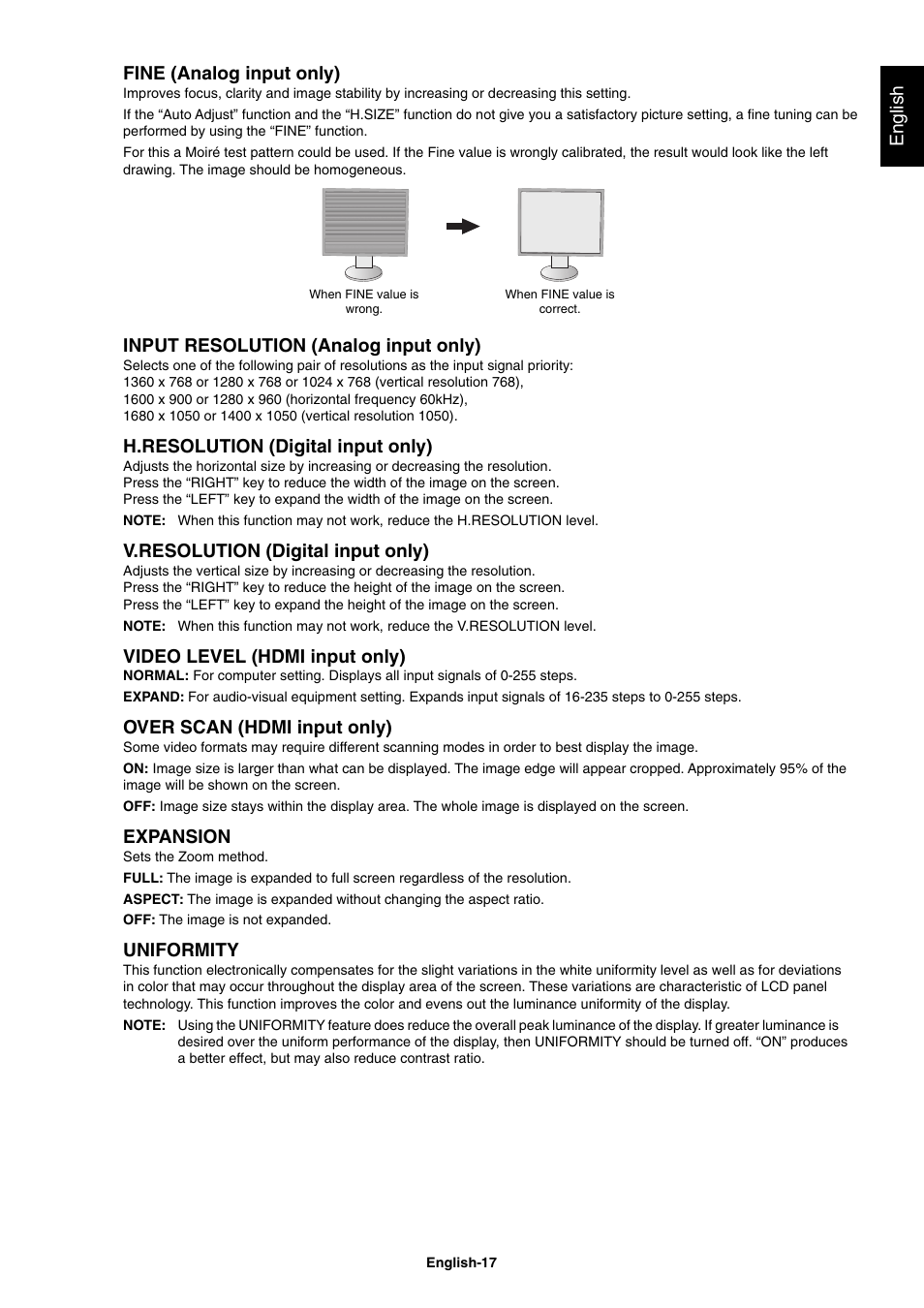 English fine (analog input only), Input resolution (analog input only), H.resolution (digital input only) | V.resolution (digital input only), Video level (hdmi input only), Over scan (hdmi input only), Expansion, Uniformity | NEC EX241UN-H-BK 23.8" 16:9 IPS Monitor (Wall Mount) User Manual | Page 19 / 34