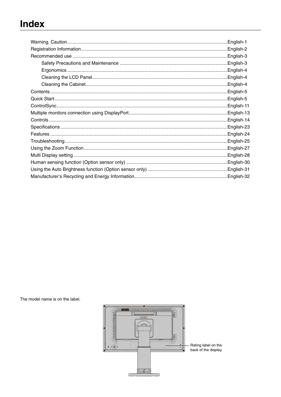 Index | NEC EX241UN-H-BK 23.8" 16:9 IPS Monitor (Wall Mount) User Manual | Page 2 / 34