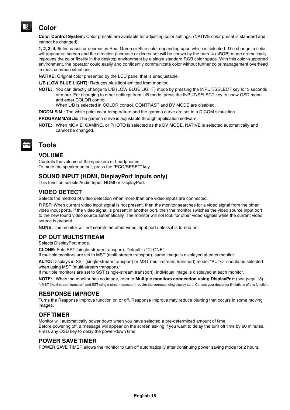 Color, Tools, Volume | Sound input (hdmi, displayport inputs only), Video detect, Dp out multistream, Response improve, Off timer, Power save timer | NEC EX241UN-H-BK 23.8" 16:9 IPS Monitor (Wall Mount) User Manual | Page 20 / 34