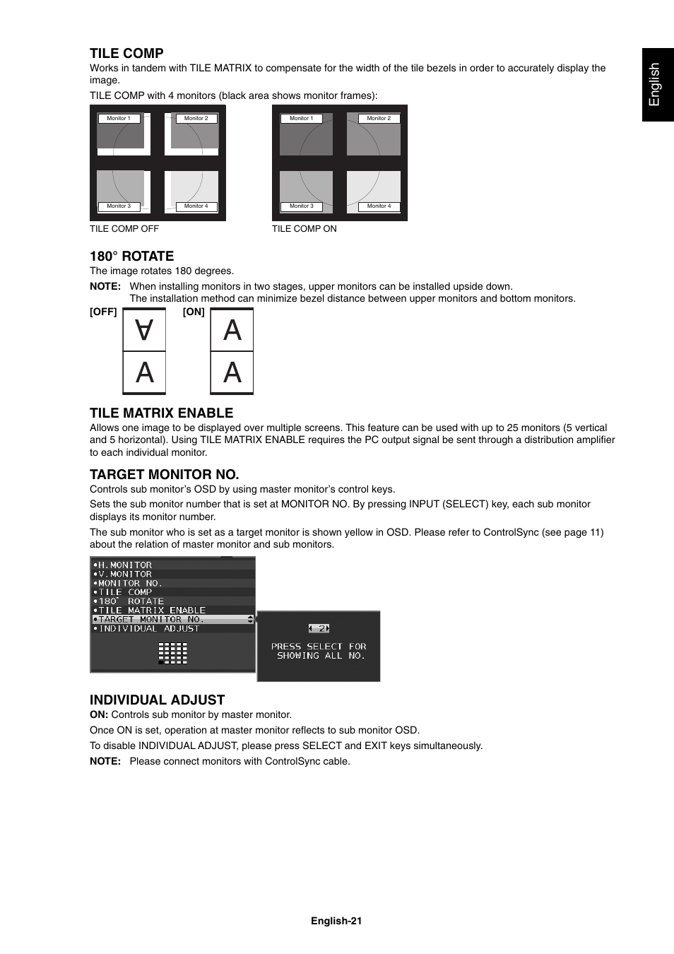 English tile comp, 180° rotate, Tile matrix enable | Target monitor no, Individual adjust | NEC EX241UN-H-BK 23.8" 16:9 IPS Monitor (Wall Mount) User Manual | Page 23 / 34