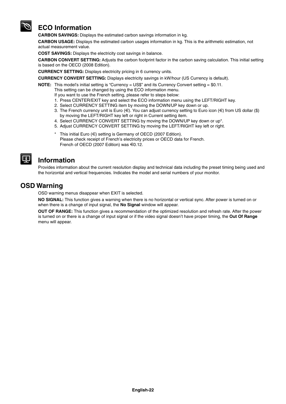 Eco information, Information, Osd warning | NEC EX241UN-H-BK 23.8" 16:9 IPS Monitor (Wall Mount) User Manual | Page 24 / 34