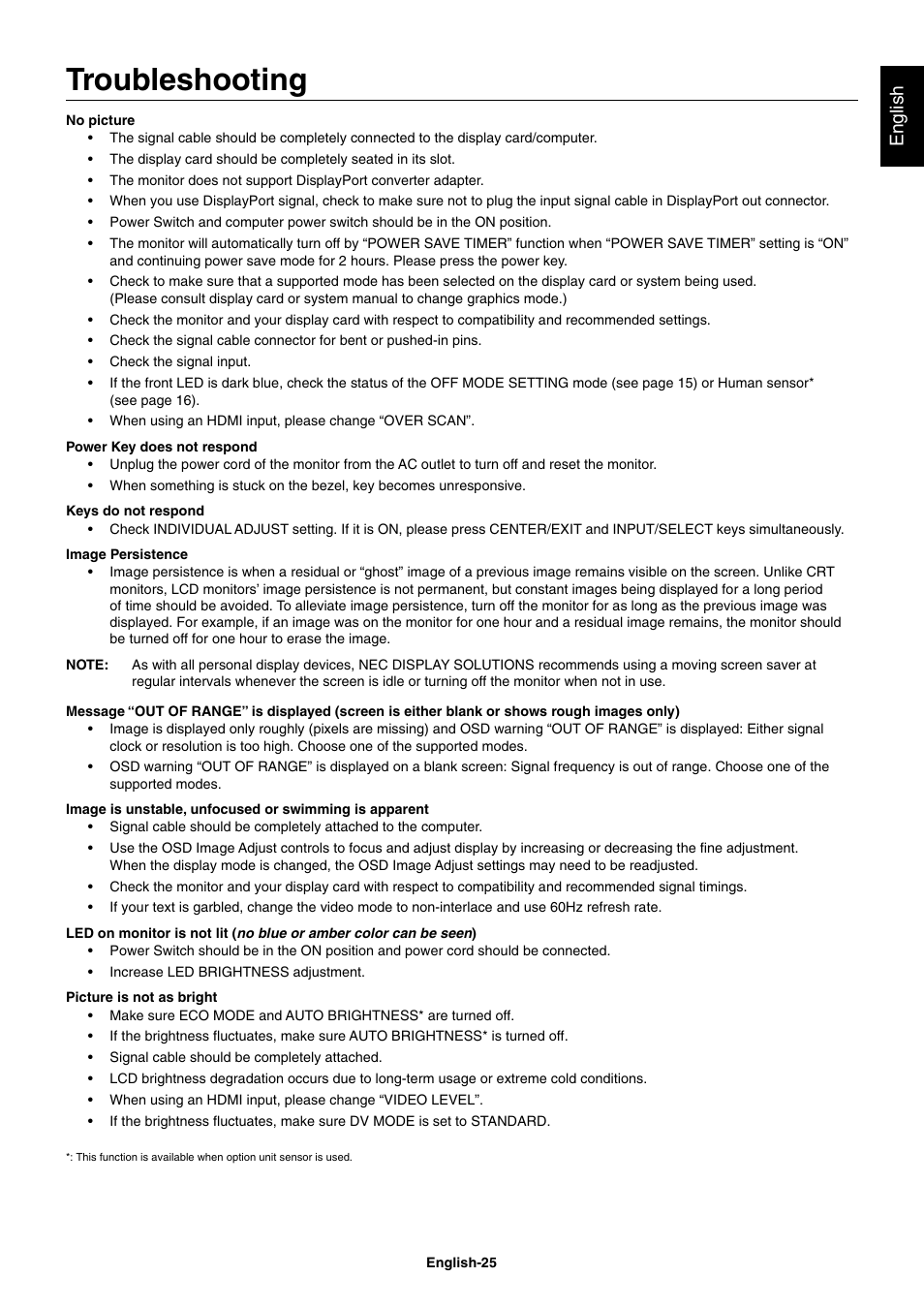 Troubleshooting, English | NEC EX241UN-H-BK 23.8" 16:9 IPS Monitor (Wall Mount) User Manual | Page 27 / 34