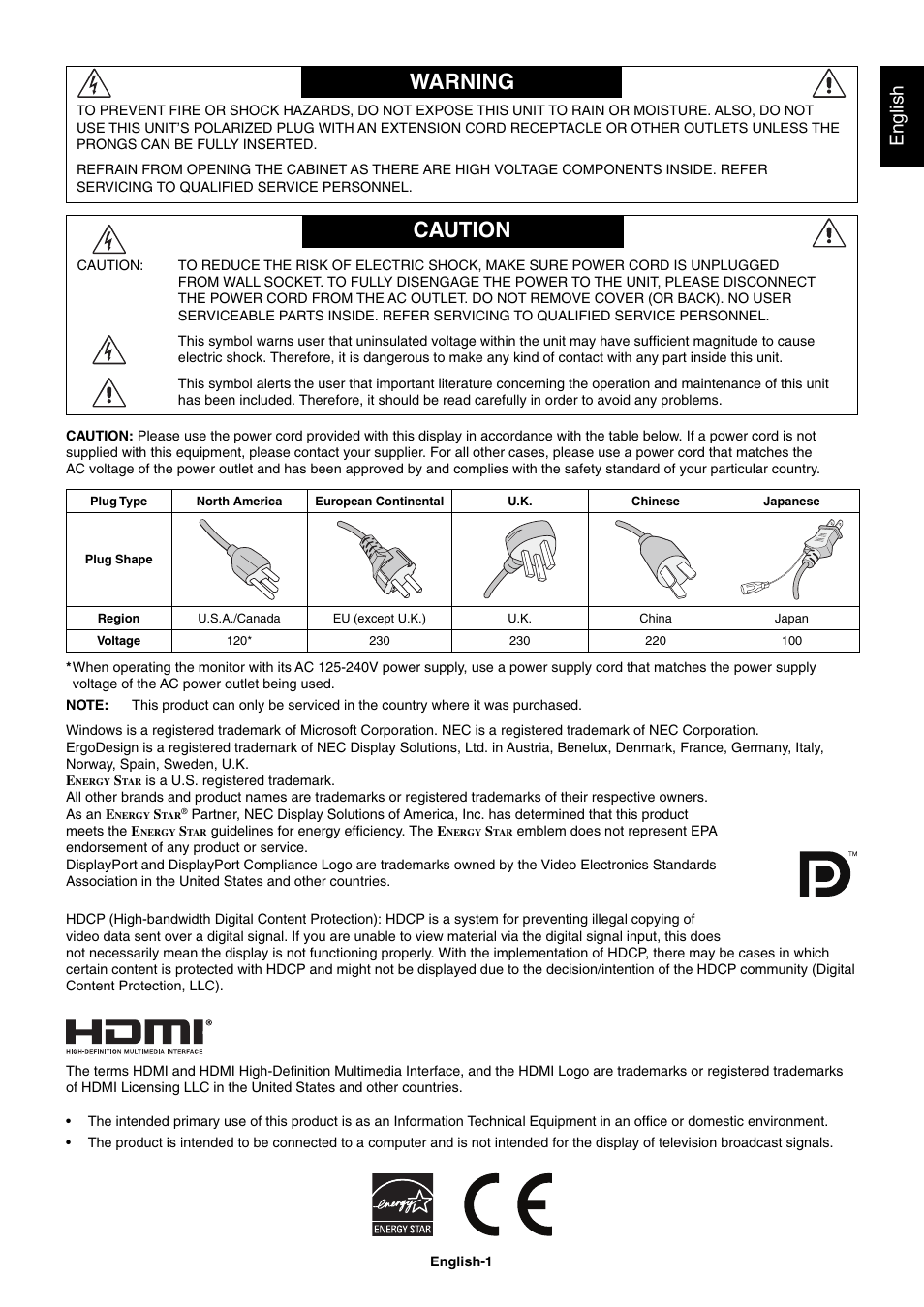 Warning, Caution, English | NEC EX241UN-H-BK 23.8" 16:9 IPS Monitor (Wall Mount) User Manual | Page 3 / 34