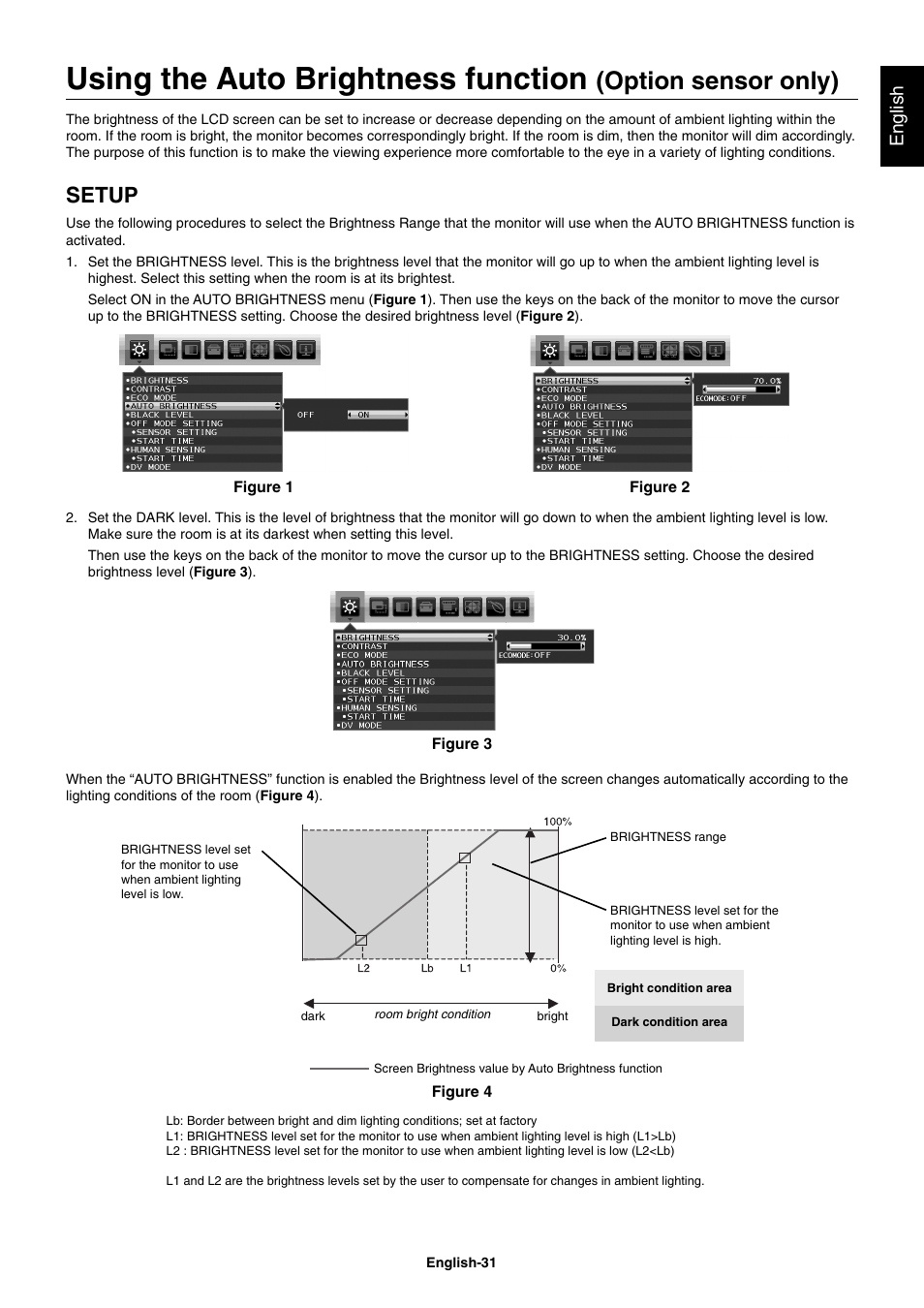 Using the auto brightness function, Option sensor only), Setup | English | NEC EX241UN-H-BK 23.8" 16:9 IPS Monitor (Wall Mount) User Manual | Page 33 / 34