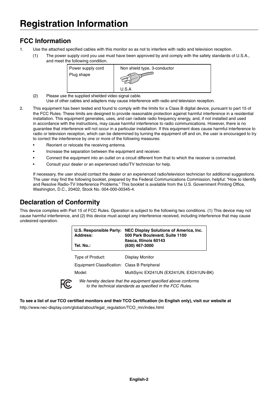 Registration information, Fcc information, Declaration of conformity | NEC EX241UN-H-BK 23.8" 16:9 IPS Monitor (Wall Mount) User Manual | Page 4 / 34