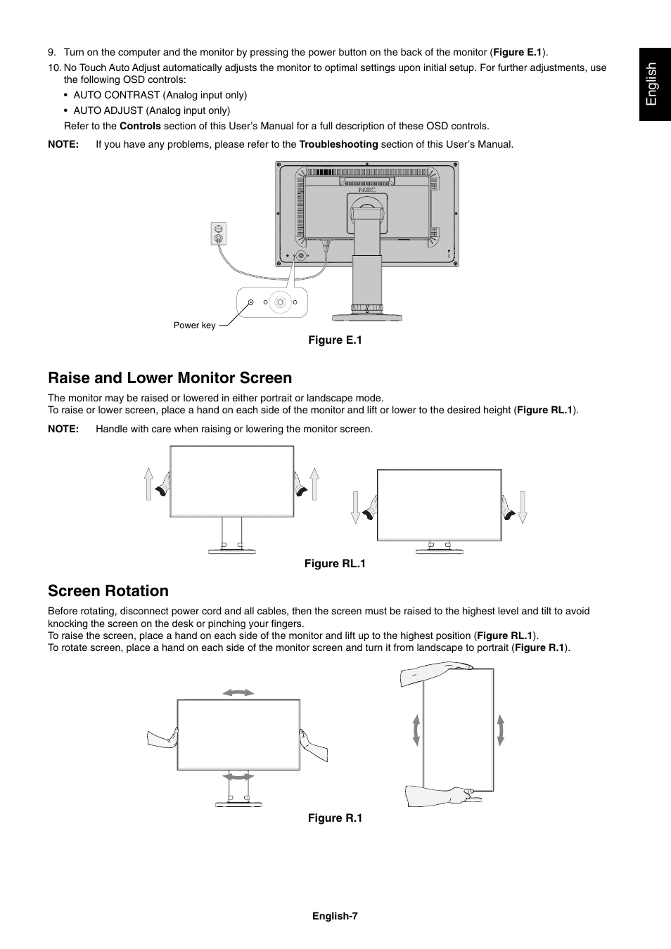 Raise and lower monitor screen, Screen rotation, English | NEC EX241UN-H-BK 23.8" 16:9 IPS Monitor (Wall Mount) User Manual | Page 9 / 34