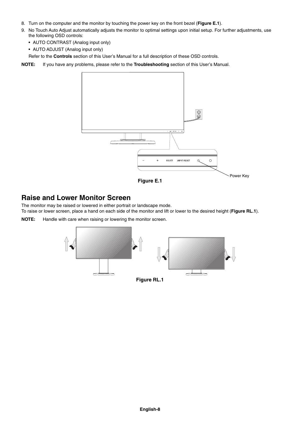 Raise and lower monitor screen | NEC E221N-BK 21.5" 16:9 Narrow Bezel IPS Monitor User Manual | Page 10 / 22