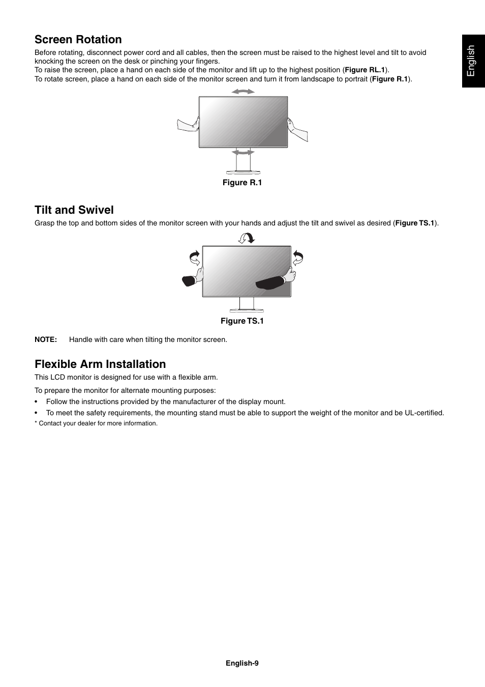 Screen rotation, Tilt and swivel, Flexible arm installation | English | NEC E221N-BK 21.5" 16:9 Narrow Bezel IPS Monitor User Manual | Page 11 / 22