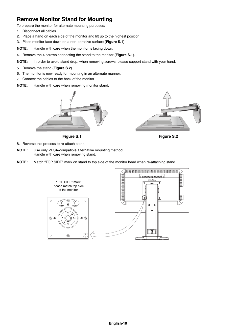 Remove monitor stand for mounting | NEC E221N-BK 21.5" 16:9 Narrow Bezel IPS Monitor User Manual | Page 12 / 22