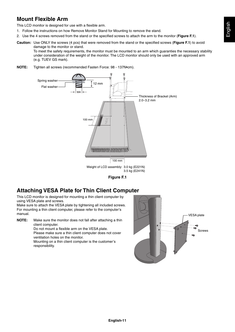 Mount flexible arm, Attaching vesa plate for thin client computer, English | NEC E221N-BK 21.5" 16:9 Narrow Bezel IPS Monitor User Manual | Page 13 / 22