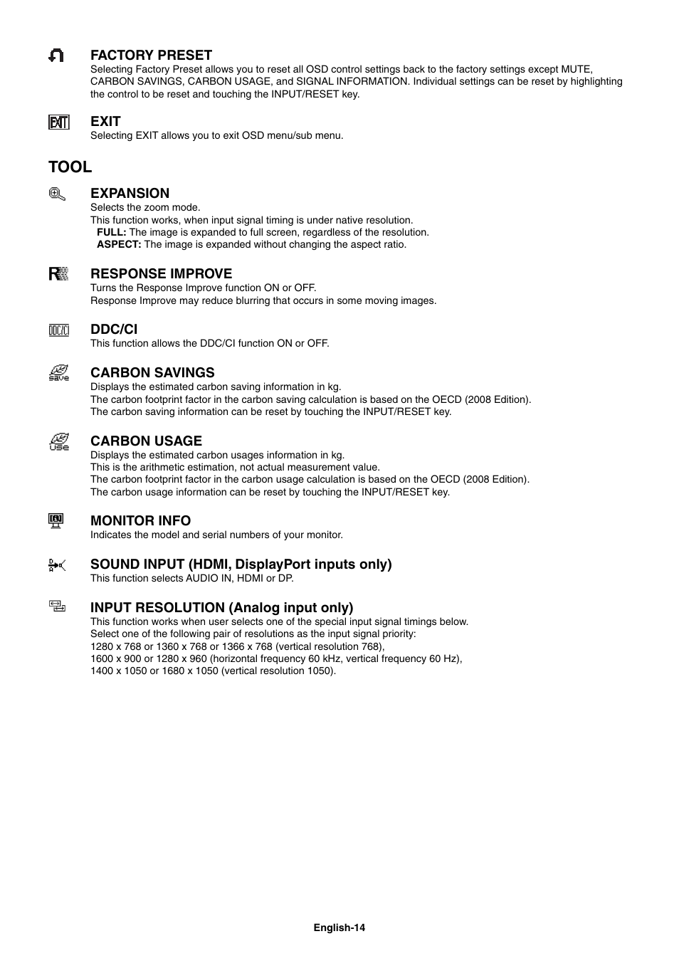 Tool | NEC E221N-BK 21.5" 16:9 Narrow Bezel IPS Monitor User Manual | Page 16 / 22