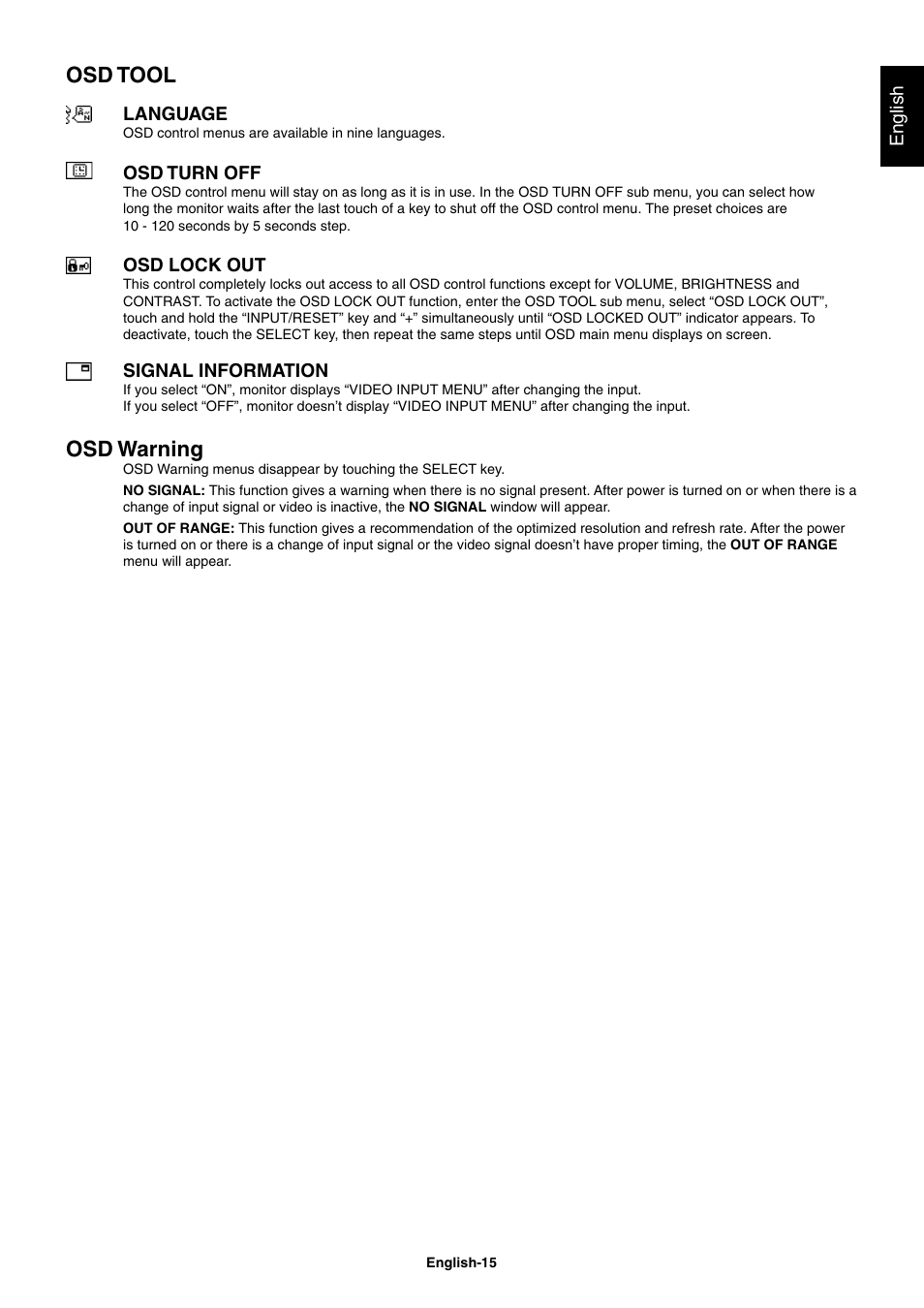 Osd tool, Osd warning | NEC E221N-BK 21.5" 16:9 Narrow Bezel IPS Monitor User Manual | Page 17 / 22