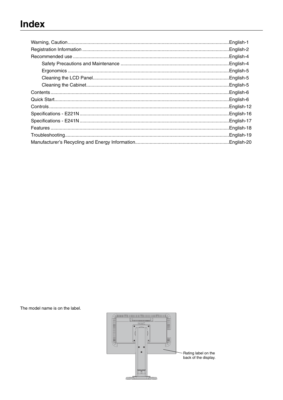 Index | NEC E221N-BK 21.5" 16:9 Narrow Bezel IPS Monitor User Manual | Page 2 / 22