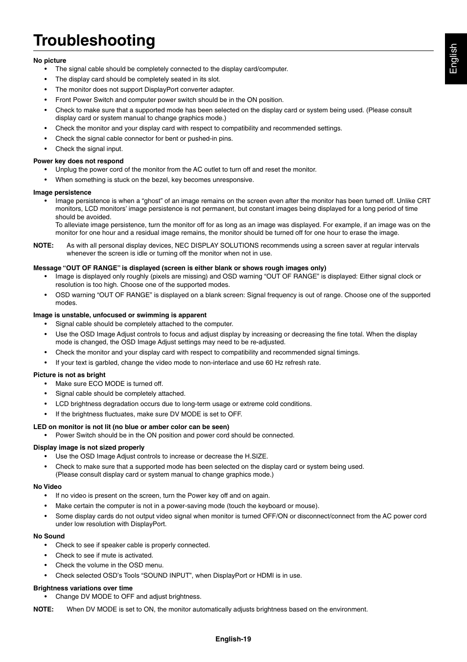 Troubleshooting, English | NEC E221N-BK 21.5" 16:9 Narrow Bezel IPS Monitor User Manual | Page 21 / 22