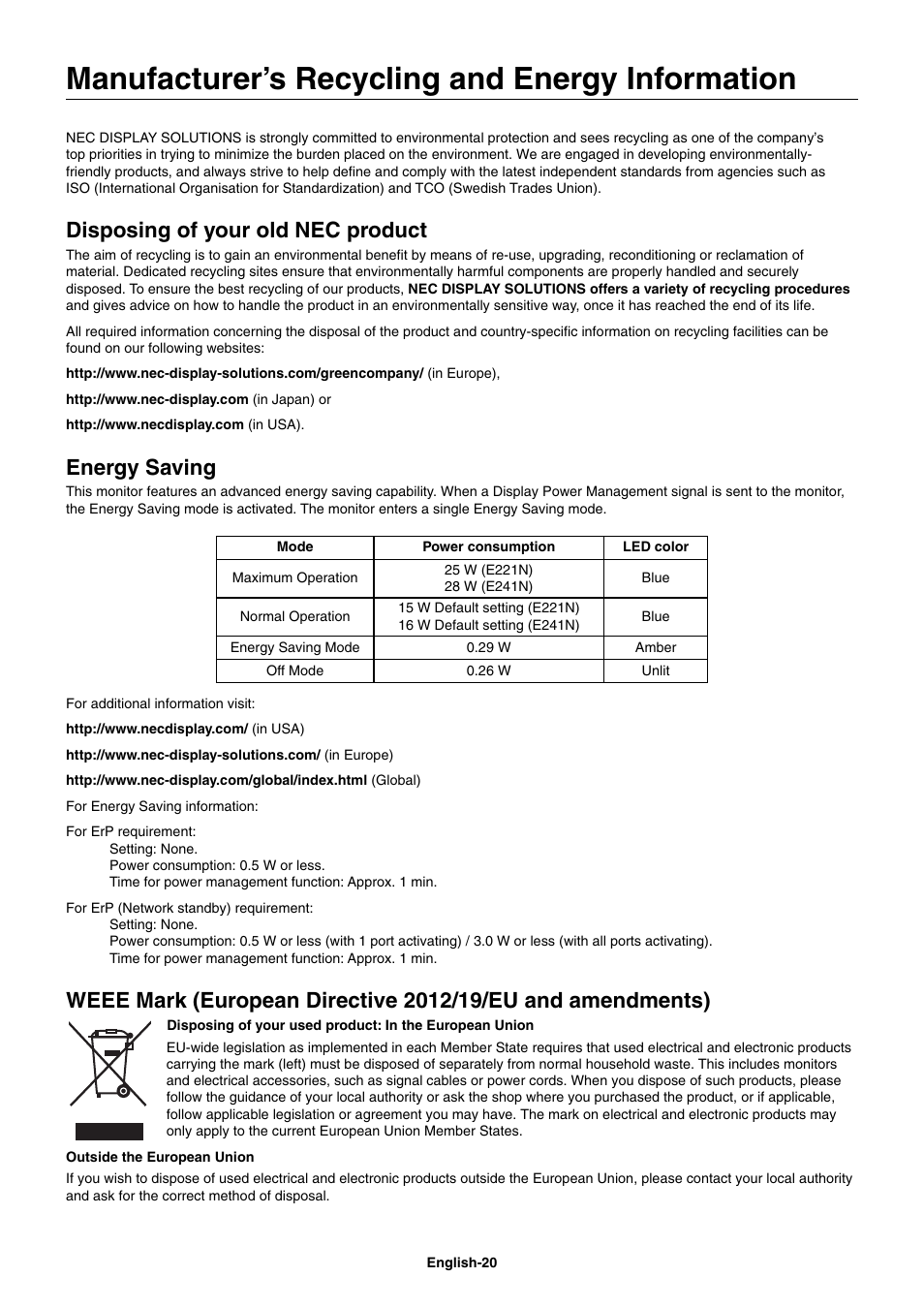 Manufacturer’s recycling and energy information, Disposing of your old nec product, Energy saving | NEC E221N-BK 21.5" 16:9 Narrow Bezel IPS Monitor User Manual | Page 22 / 22