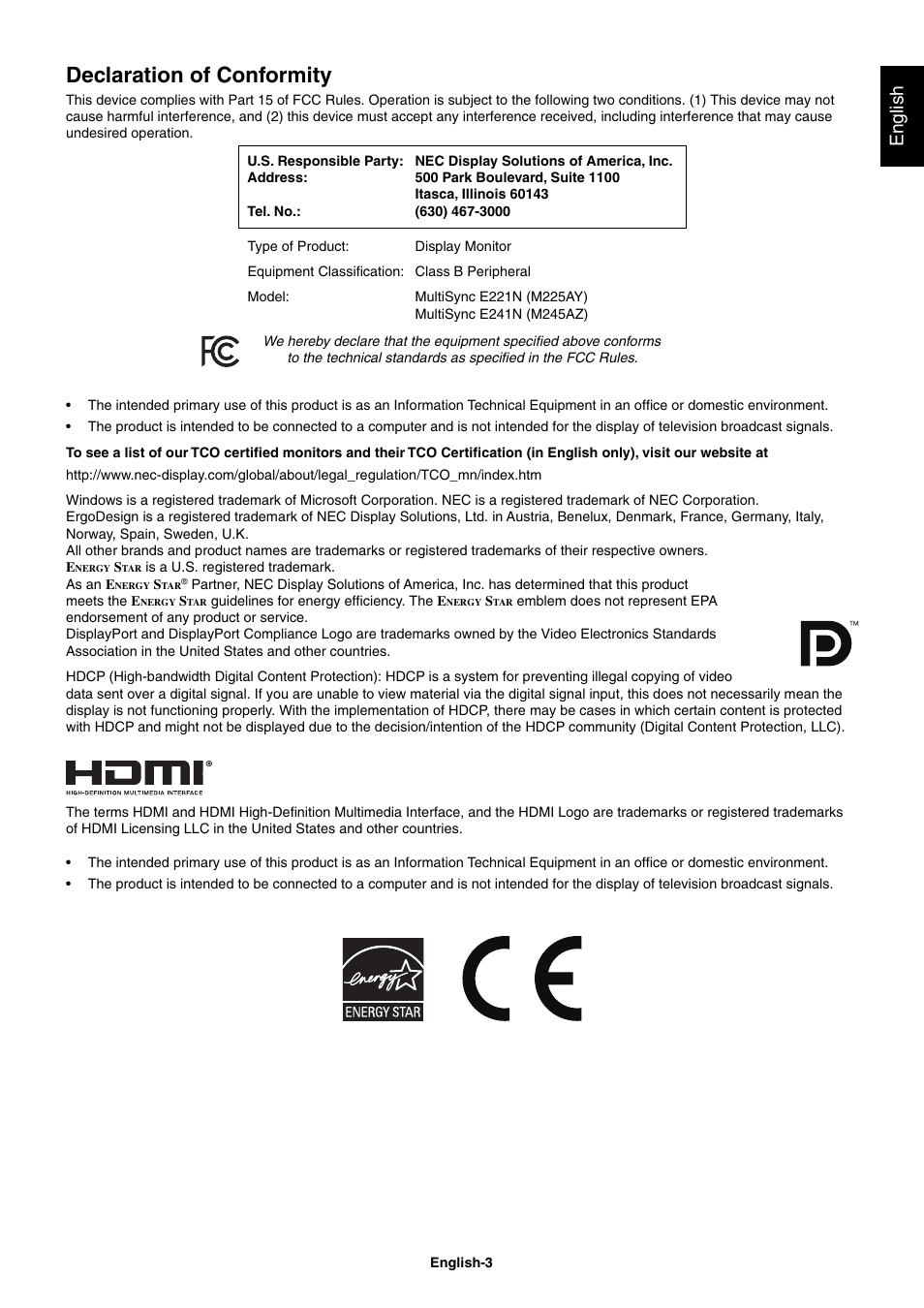 Declaration of conformity, English | NEC E221N-BK 21.5" 16:9 Narrow Bezel IPS Monitor User Manual | Page 5 / 22