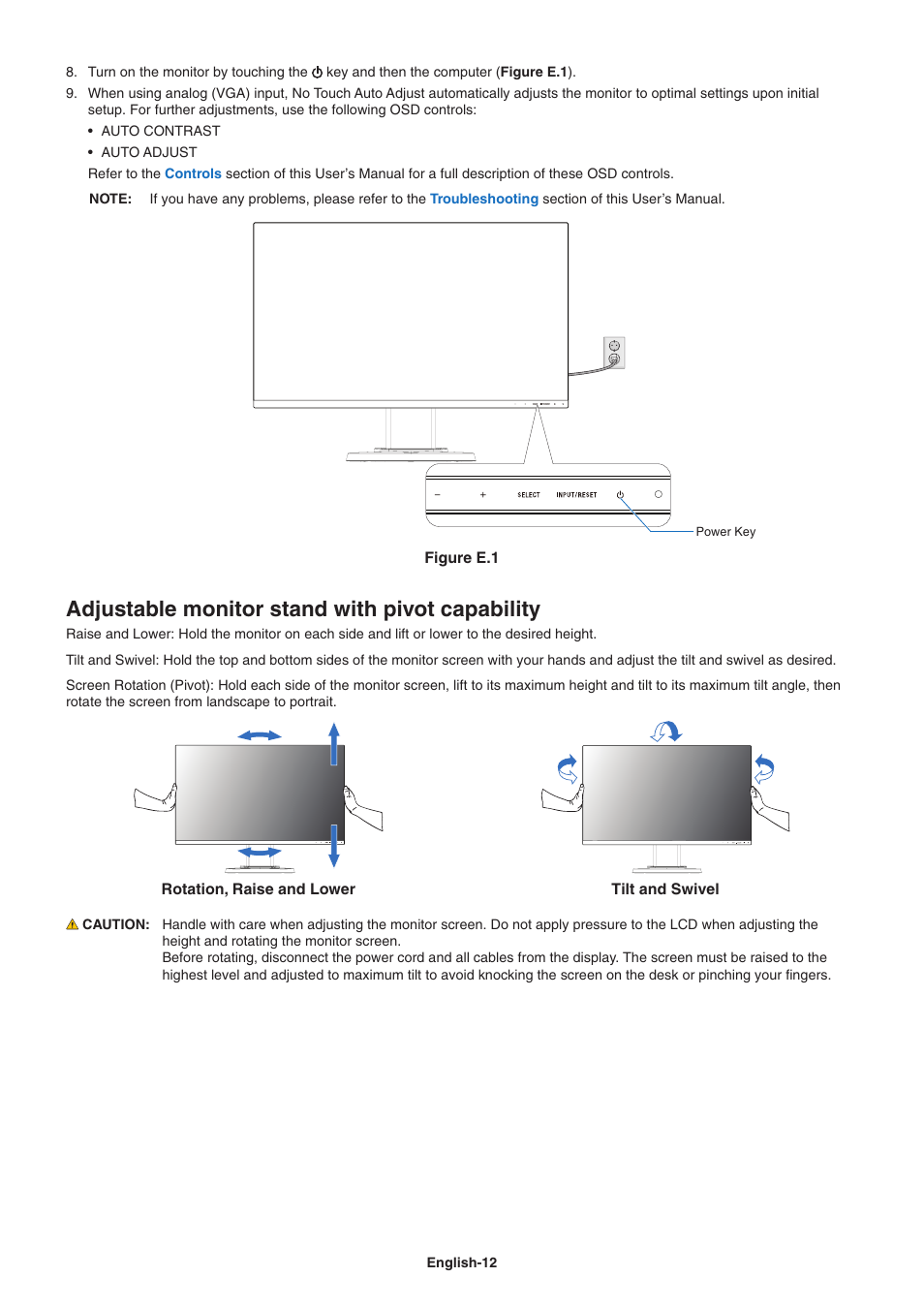 Adjustable monitor stand with pivot capability | NEC E242N-BK 24" 16:9 IPS Monitor User Manual | Page 14 / 25