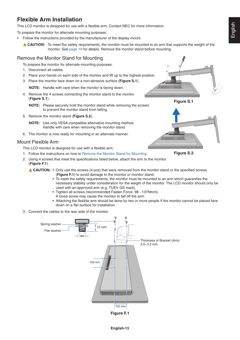 Flexible arm installation, English, Remove the monitor stand for mounting | Mount flexible arm | NEC E242N-BK 24" 16:9 IPS Monitor User Manual | Page 15 / 25