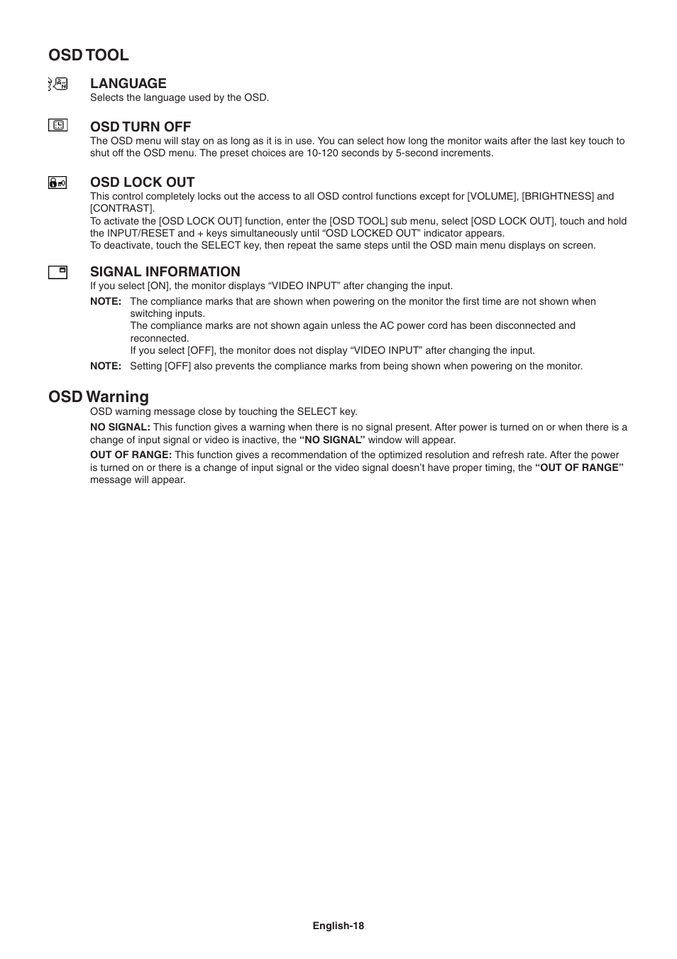 Ool] allows you to get into the sub menu. see, Nsd onnl, Nsd warning | Laguage, Nsd our nff, Nsd lnck nuo, Sigal ifnrmaoin | NEC E242N-BK 24" 16:9 IPS Monitor User Manual | Page 20 / 25