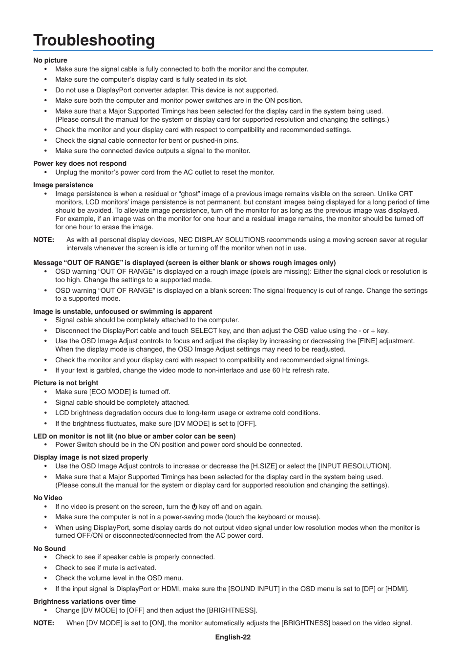 Troubleshooting, If you have any problems, please refer to the, Oroubleshooting | NEC E242N-BK 24" 16:9 IPS Monitor User Manual | Page 24 / 25