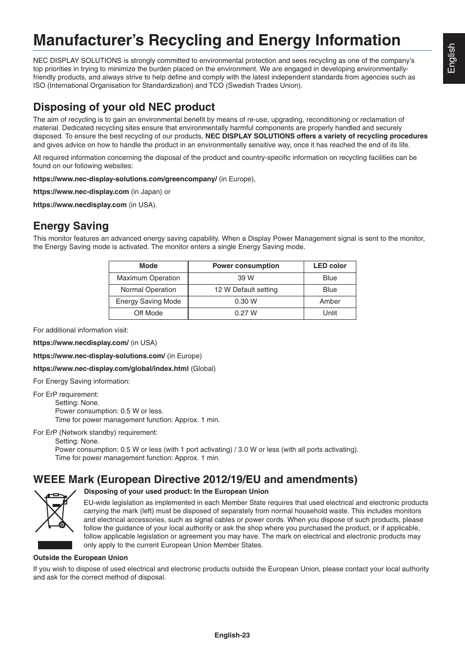 Manufacturer’s recycling and energy information, Disposing of your old ec product, Energy saving | English | NEC E242N-BK 24" 16:9 IPS Monitor User Manual | Page 25 / 25