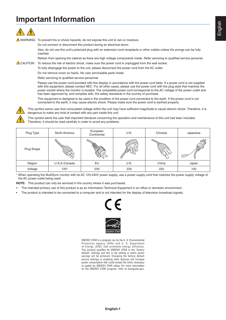 Important information, English | NEC E242N-BK 24" 16:9 IPS Monitor User Manual | Page 3 / 25