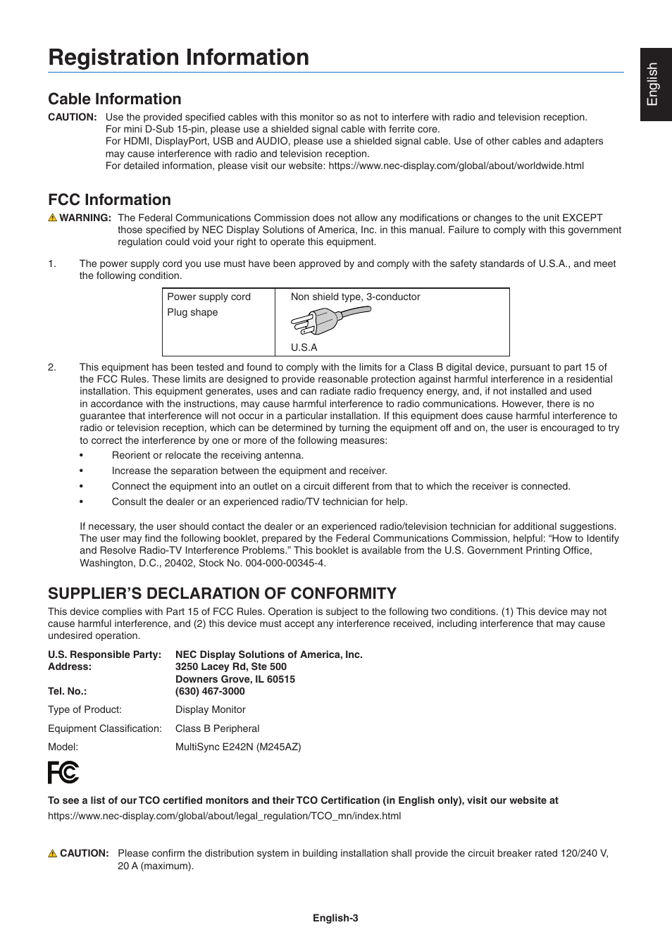 Registration information, Cable information, Fcc information | Supplier’s declaraoin nf cnfnrmioy, English | NEC E242N-BK 24" 16:9 IPS Monitor User Manual | Page 5 / 25