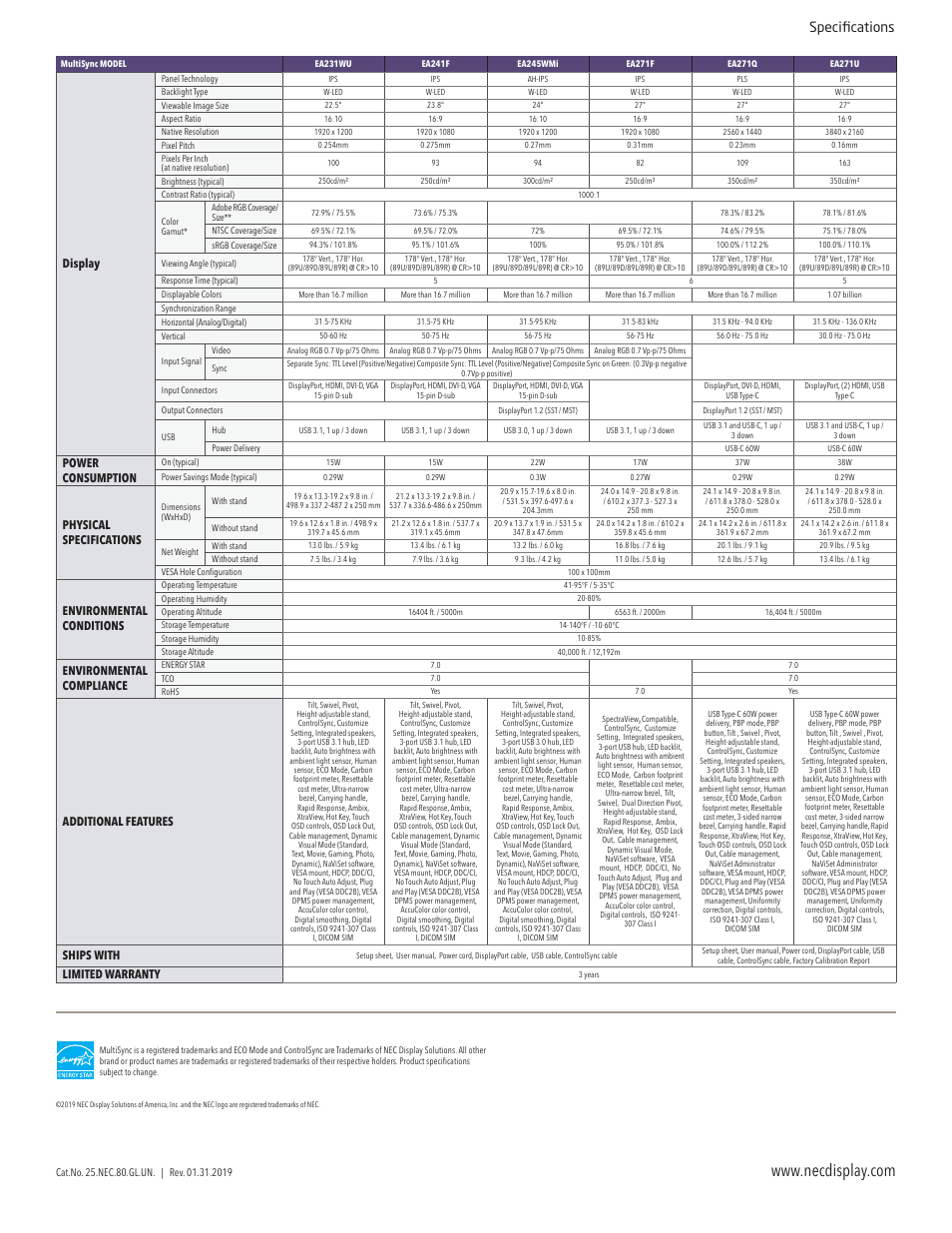 Specifications, Display, Power consumption | Physical specifications, Environmental conditions, Environmental compliance, Additional features, Ships with, Limited warranty | NEC MultiSync EA241F 23.8" 16:9 IPS Monitor User Manual | Page 4 / 4