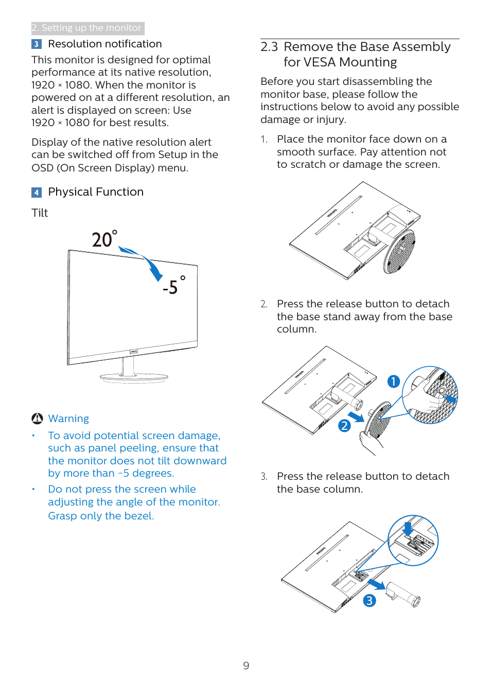 3 remove the base assembly for vesa mounting, 3 remove the base assembly for, Vesa mounting | Philips 241V8L 23.8" Monitor User Manual | Page 11 / 31