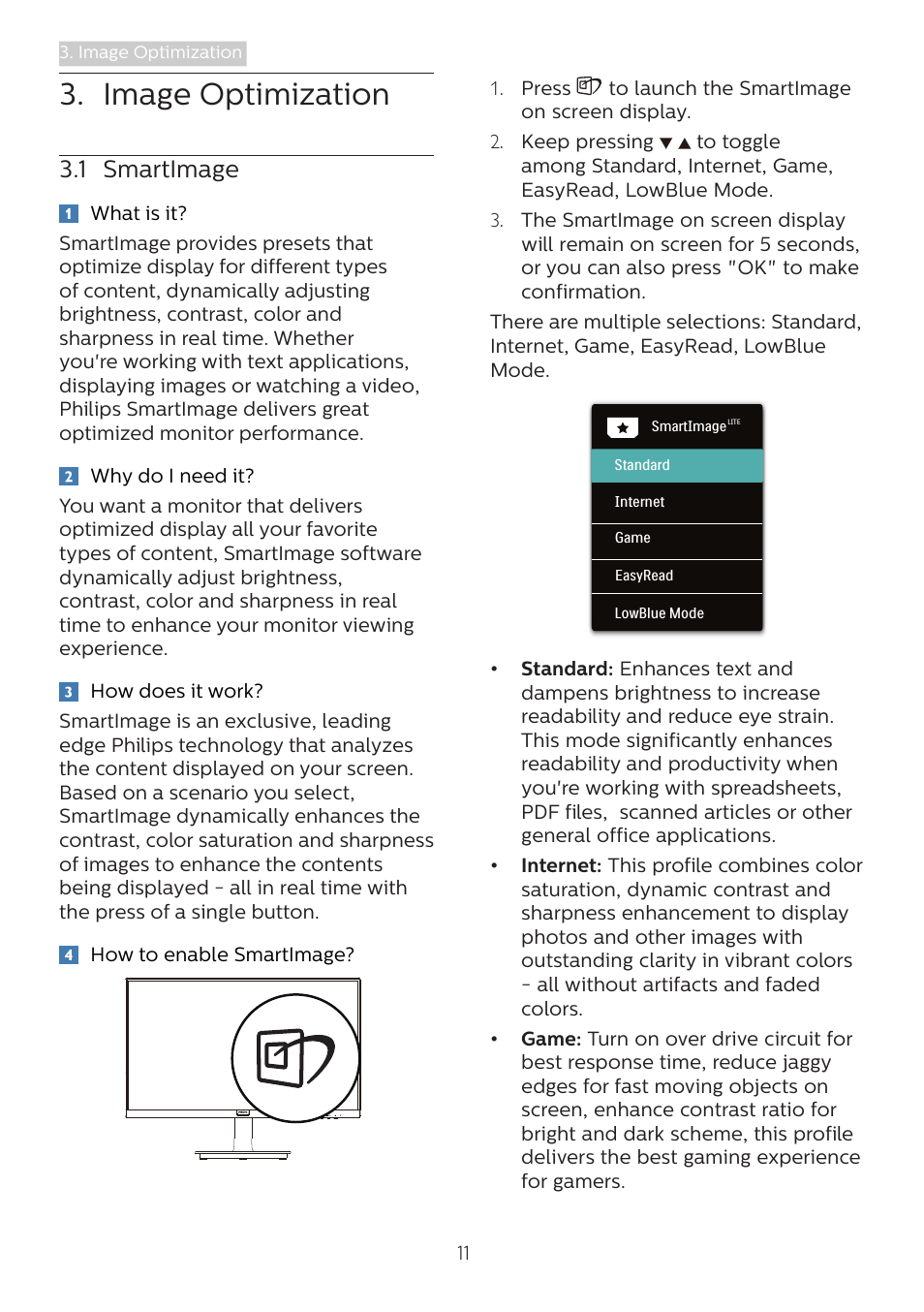 Image optimization, 1 smartimage | Philips 241V8L 23.8" Monitor User Manual | Page 13 / 31