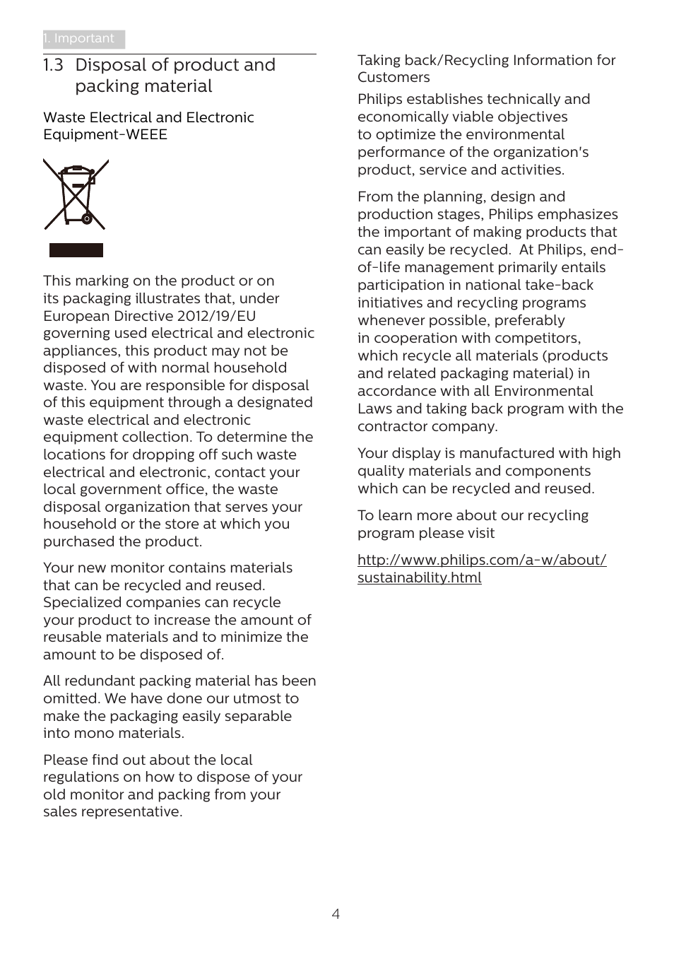 3 disposal of product and packing material, 3 disposal of product and packing, Material | Philips 241V8L 23.8" Monitor User Manual | Page 6 / 31