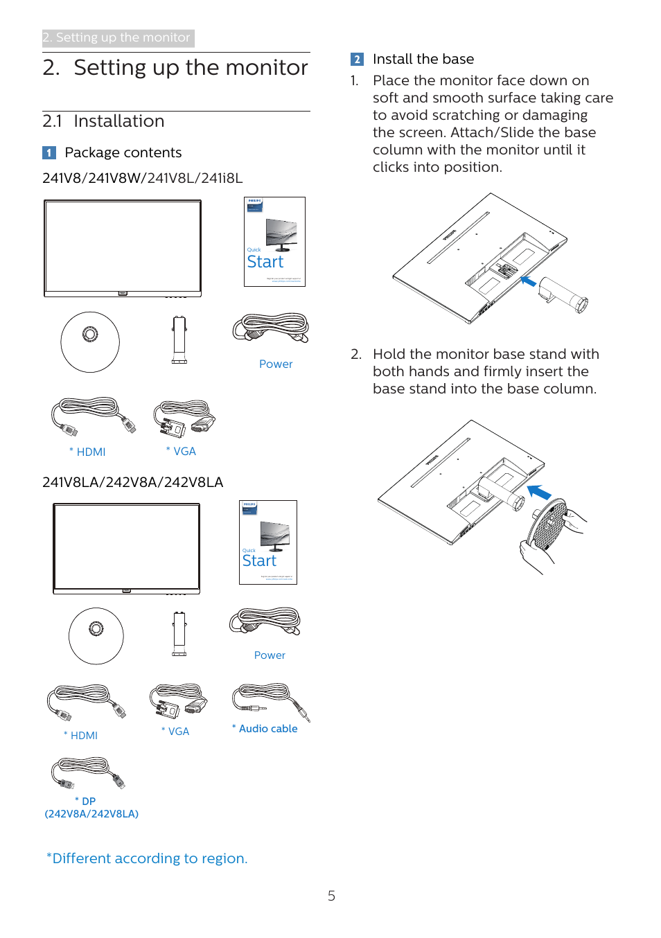 Setting up the monitor, 1 installation, Start | Philips 241V8L 23.8" Monitor User Manual | Page 7 / 31