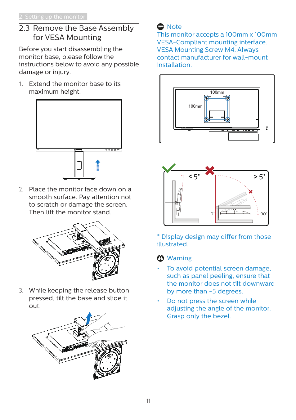 3 remove the base assembly for vesa mounting, 3 remove the base assembly for, Vesa mounting | Philips 243B1 23.8" 16:9 USB Type-C IPS Monitor User Manual | Page 13 / 36