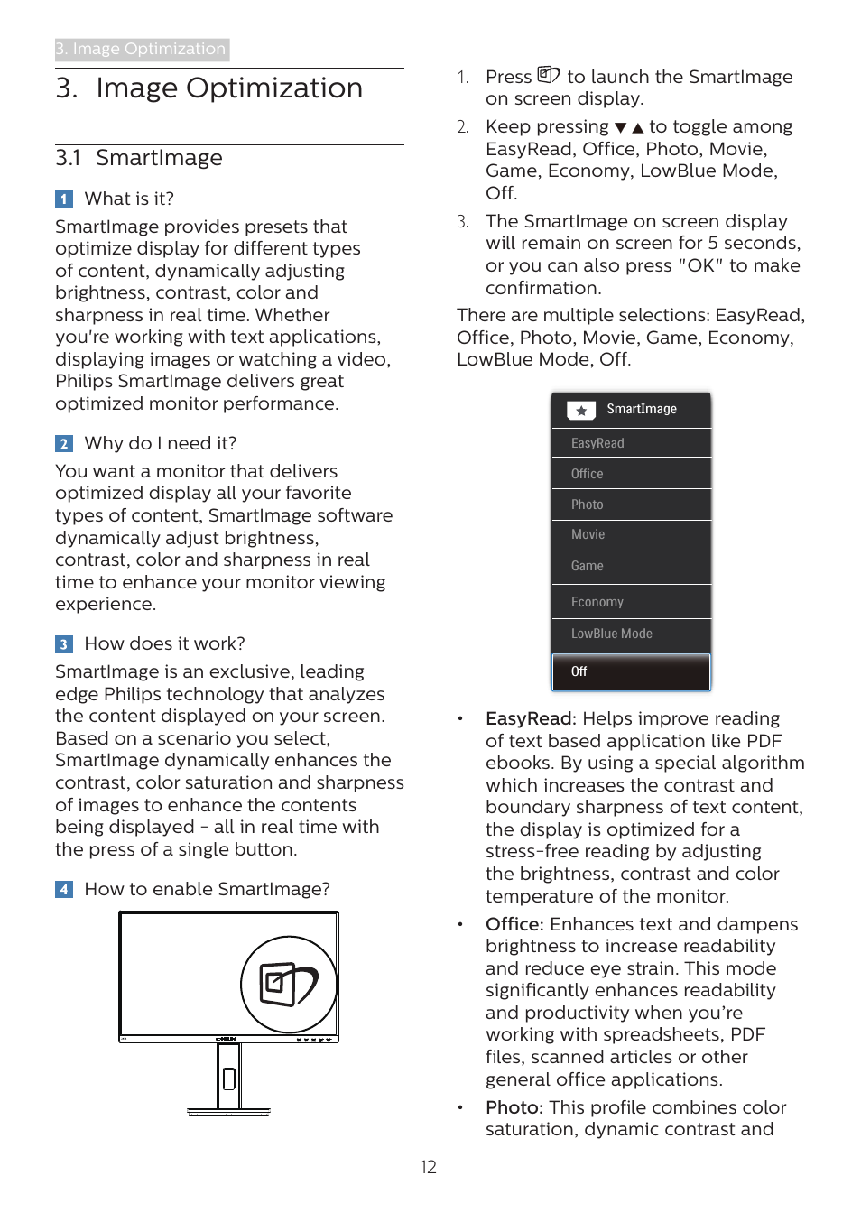 Image optimization, 1 smartimage | Philips 243B1 23.8" 16:9 USB Type-C IPS Monitor User Manual | Page 14 / 36