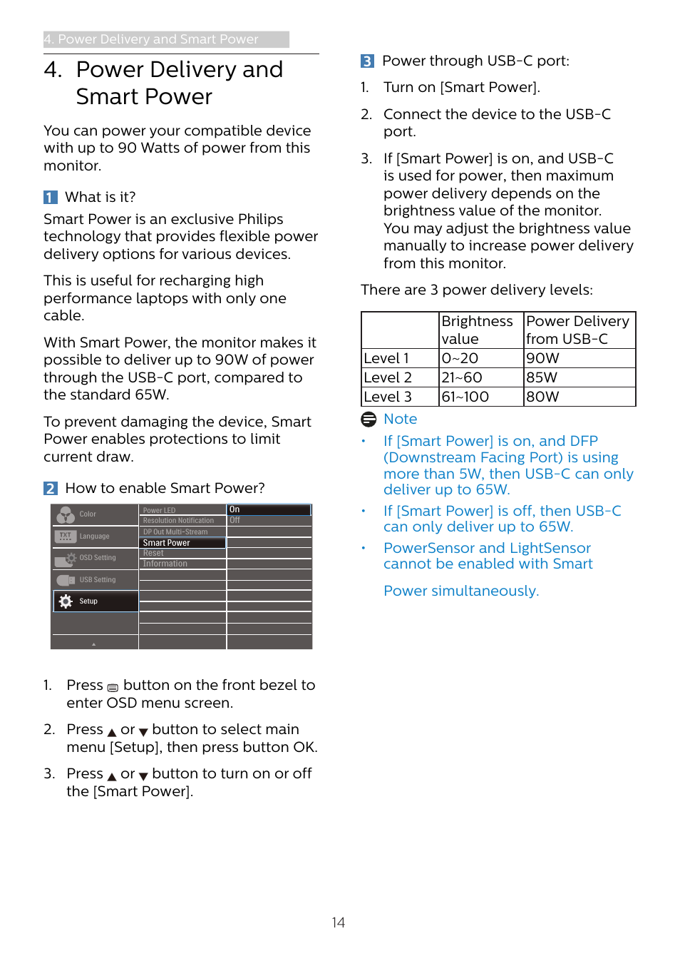 Power delivery and smart power, Power delivery and smart, Power | Powersensor | Philips 243B1 23.8" 16:9 USB Type-C IPS Monitor User Manual | Page 16 / 36